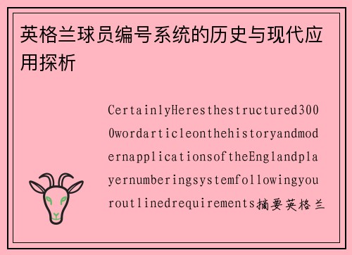 英格兰球员编号系统的历史与现代应用探析